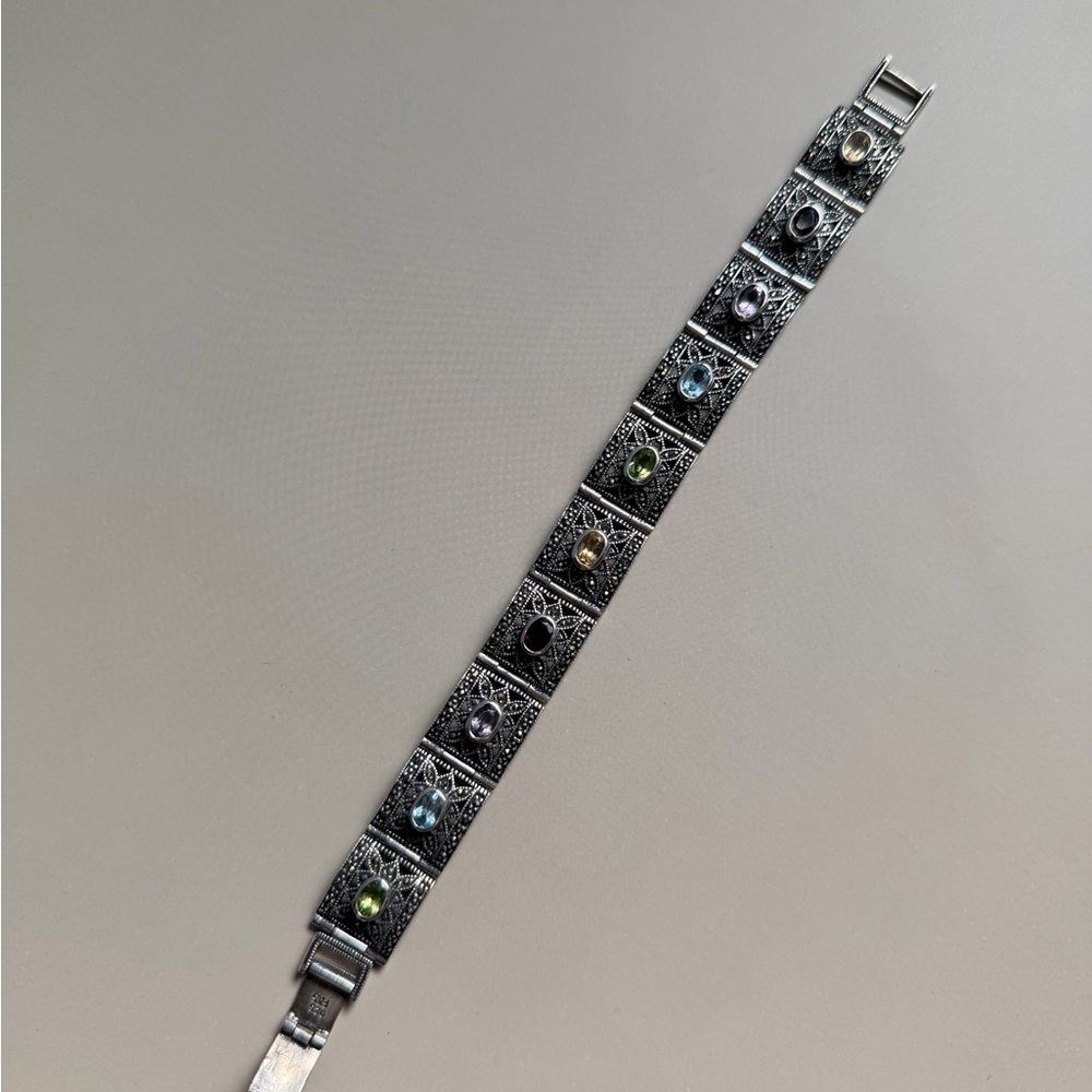 Silver Art Deco Multi Color Stone Marcasite Long Panel Bracelet